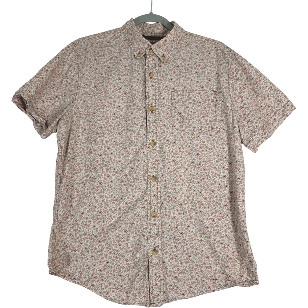 prAna Button Down Shirt Mens Medium Tan Floral Slim Fit Short Sleeve Preppy
